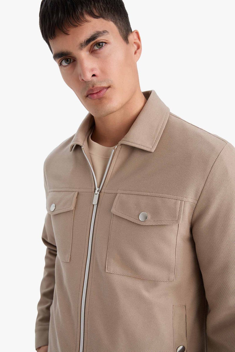 DeFacto Beige Man Slim Fit Polo Collar Lined Zip-Up Jacket Casual - Image 4